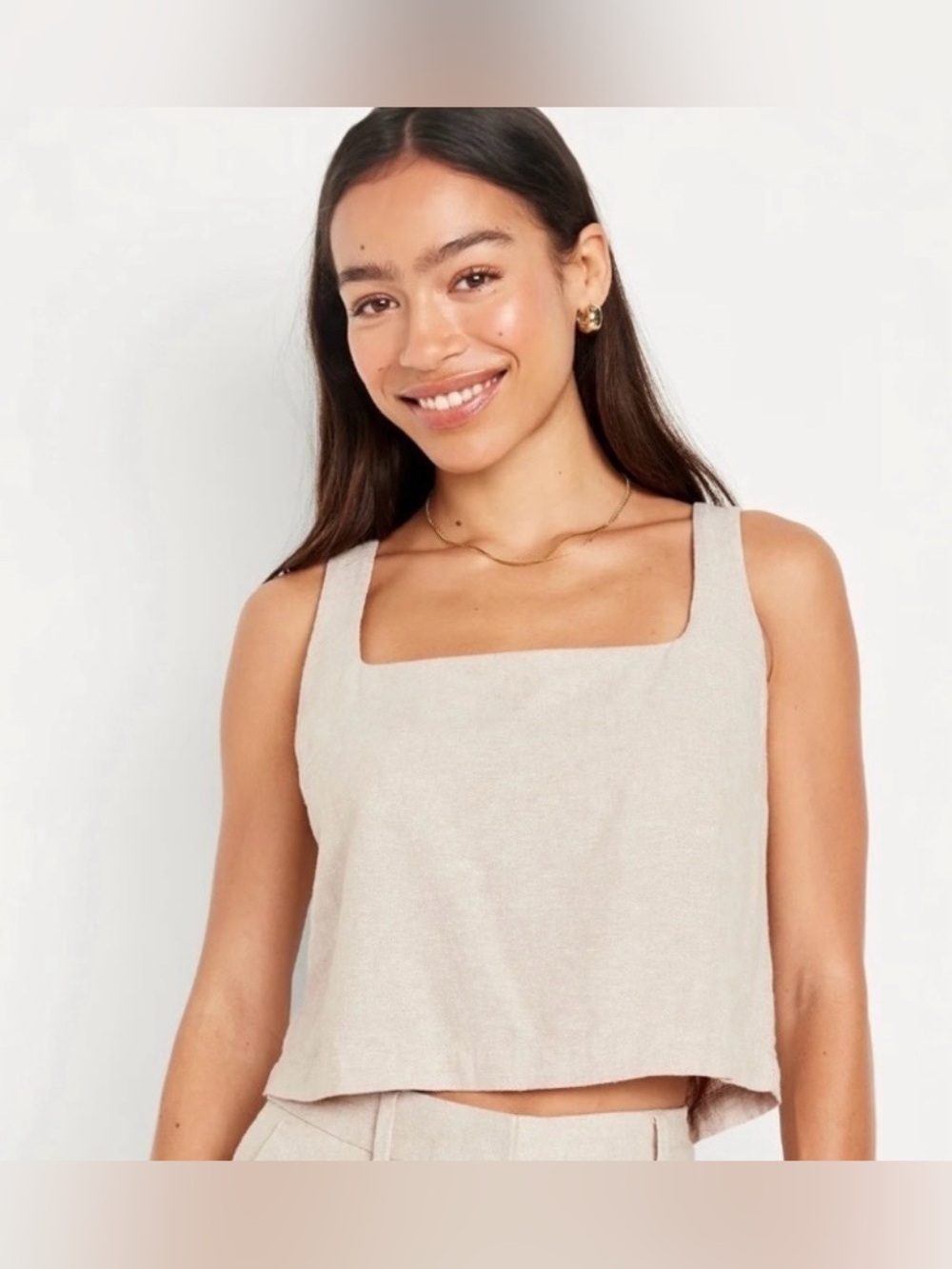 Old Navy Light Cream Square Neck Linen-Blend Tank